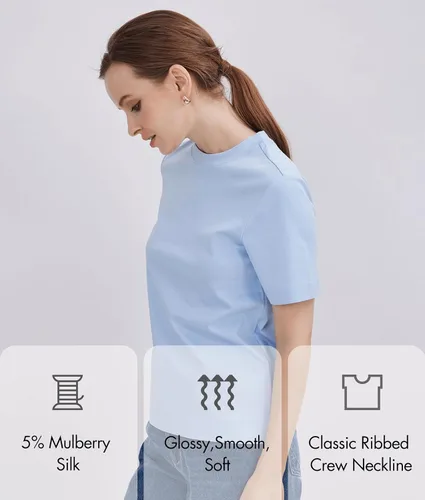 Vista 2 de Camiseta básica de manga corta para mujer, cuello redondo y seda de algodón para mujer