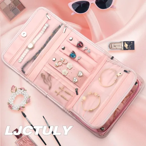 Vista 7 de Organizador de joyas de viaje pequeño plegable organizador de viaje de joyería rosa, bolsa de joyería rosa, organizador de viaje, organizador