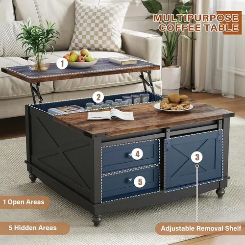 Vista 6 de ALLSTAND Mesa de centro elevable de 31.5 pulgadas con almacenamiento, mesas de centro de granja para sala de estar, mesa de centro cuadrada con gran