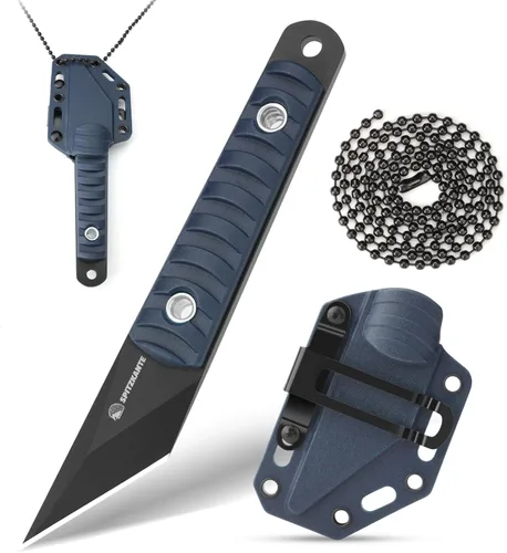 Vista 9 de Cuchillo de cuello compacto de 14.7 cm, pequeño cuchillo de hoja fija EDC Kiridashi con empuñadura de ABS azul, acero 5Cr14MoV, ideal para camping