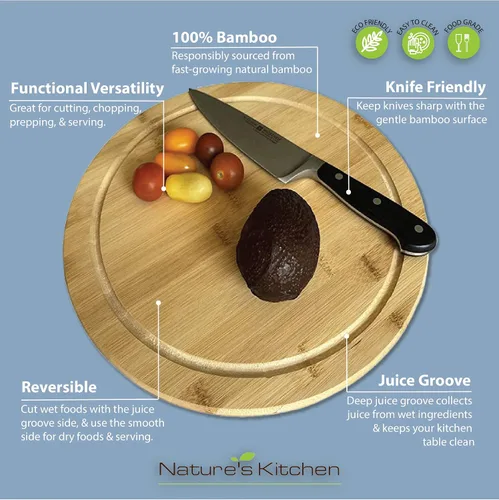 Vista 2 de Nature's Kitchen Bandeja redonda de bambú para cortar con ranura para jugo para cortar queso y charcutería (12 pulgadas)