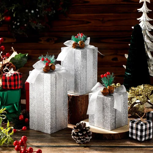 Vista 4 de Amyhill 3 piezas de madera rústica de Navidad, centros de mesa con purpurina plateada, bloques de imitación para mesa de bandeja escalonada