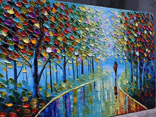 Vista 3 de YaSheng Art - Pintura al óleo de paisaje sobre lienzo con textura de árbol abstracto contemporáneo, pinturas de pared hechas a mano, decoración