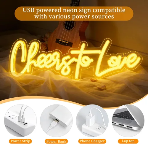 Vista 5 de Letrero de neón grande con texto en inglés "Cheers to Love", letrero de neón con interruptor de atenuación, letrero LED reutilizable para telón