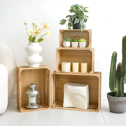 Vista 4 de Cajas grandes decorativas de almacenamiento de madera chamuscada, conjunto de 4 cajas de madera anidadas para exhibición rústica, cajas