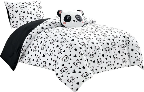 Vista 7 de Chezmoi Collection Juego de ropa de cama de 3 piezas para niñas, color blanco y negro, tamaño individual, juego de edredón de microfibra con Panda