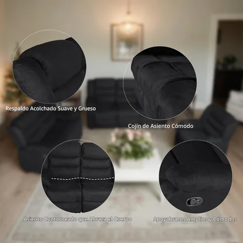 Vista 6 de Juego de sofá reclinable, juego de sofá reclinable manual de microfibra, juego de 3 piezas con sofá biplaza, mesa desplegable y portavasos, sala