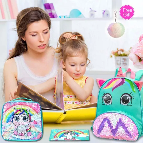 Vista 2 de 3 mochilas para niñas pequeñas, 12 pulgadas, con lentejuelas de unicornio y lonchera