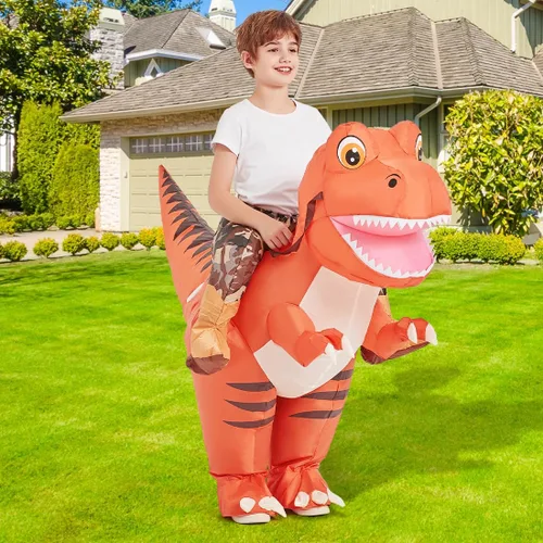 Vista 3 de GOOSH Disfraz inflable de dinosaurio para niños que montan en T Rex Air Blow Up Funny Fancy Dress Halloween Party Cosplay disfraz