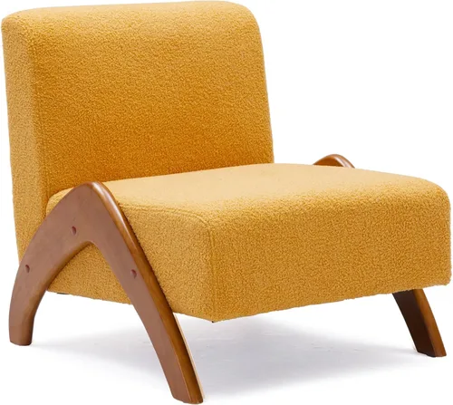 Vista 11 de Silla decorativa de gran tamaño, tapizada sin brazos de mediados de siglo, moderna silla de sala de estar con patas de madera para dormitorio Beige