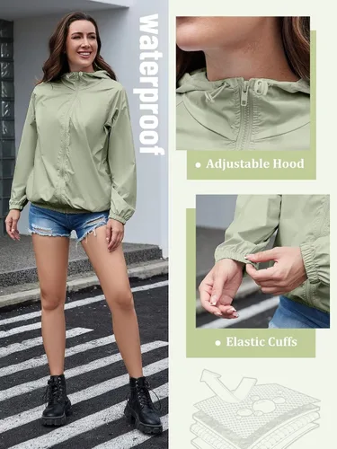 Vista 4 de PITINAN Chaqueta impermeable ligera para mujer, rompevientos con capucha, plegable, para mujer, para exteriores, con bolsillos