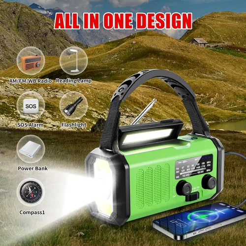 Vista 9 de Radio de emergencia con manivela de 10000 mAh, radio meteorológica NOAA con radio AM/FM y solar, batería recargable, linterna y luz de lectura