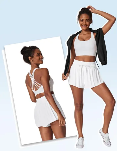 Vista 5 de IUGA Pantalones cortos deportivos para mujer, de cintura alta, con diseño de mariposa, con vuelo, para correr, entrenamiento, tenis, con bolsillos
