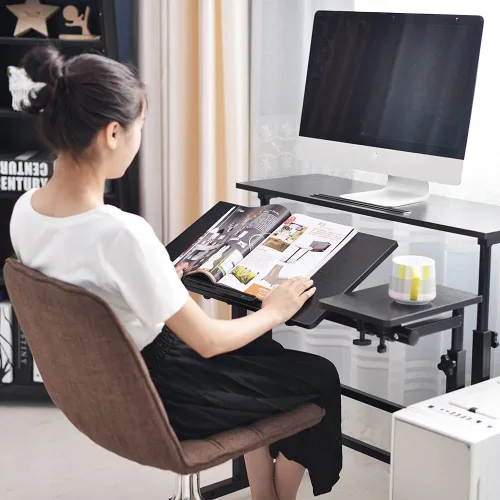 Vista 2 de DlandHome Escritorio para computadora, escritorio ajustable con ruedas, escritorio de pie, 31.5 pulgadas de largo x 23.6 pulgadas de ancho x 26.4 a