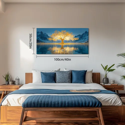 Vista 4 de SLYCAY Lienzo grande con árbol de la vida dorado para pared, pintura de paisaje, naturaleza, nieve, montaña, lago, paisaje, decoración de pared