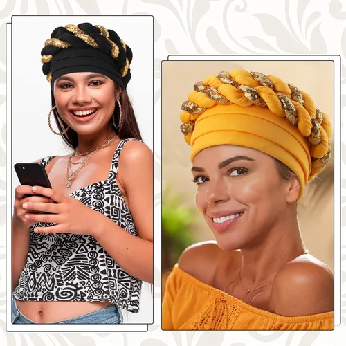 Vista 6 de Jeyiour 6 piezas de turbante africano para mujeres negras, gorro trenzado con lentejuelas, gorro elástico y trenzado africano