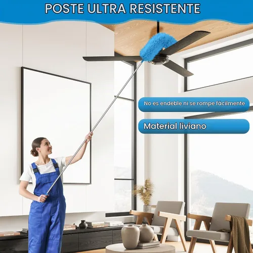 Vista 4 de JEHONN Plumero con poste de extensión de 100 pulgadas para limpiar ventilador de techo alto, removedor de polvo de plumas de microfibra extensible