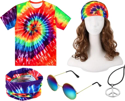 Vista 8 de Norme 5 piezas de disfraz hippie de Mardi Carnival para hombres y mujeres, camiseta de los años 70, diseño de teñido anudado, collar con signo