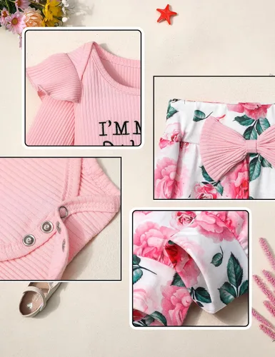 Vista 6 de KANGKANG Ropa de bebé recién nacida Hi I'm New Here, traje para recién nacido, mameluco para bebé, pantalones florales, lindos trajes de bebé niña