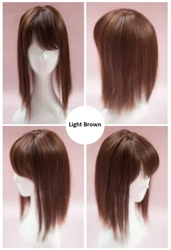 Vista 2 de Extensiones de pelo de 14 pulgadas con flequillo lateral para mujer, parte superior sintética para pérdida de cabello, cabello con clip, marrón