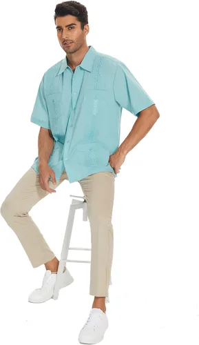 Vista 2 de MAXJON Camisas de guayabera para hombre, camisas cubanas de manga corta