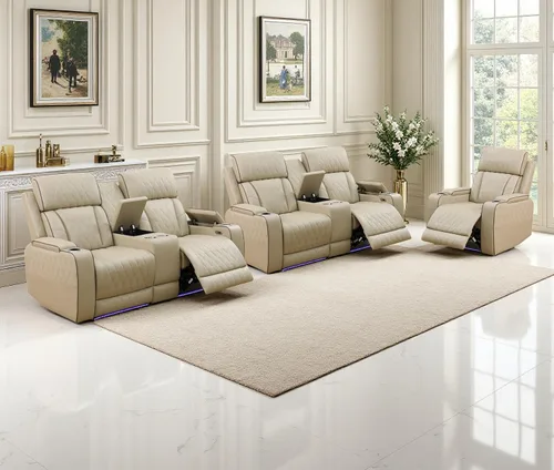 Vista 45 de Juego de sofás reclinables eléctricos, juegos de muebles de sala de estar, sofá reclinable eléctrico moderno negro, sofá biplaza y silla