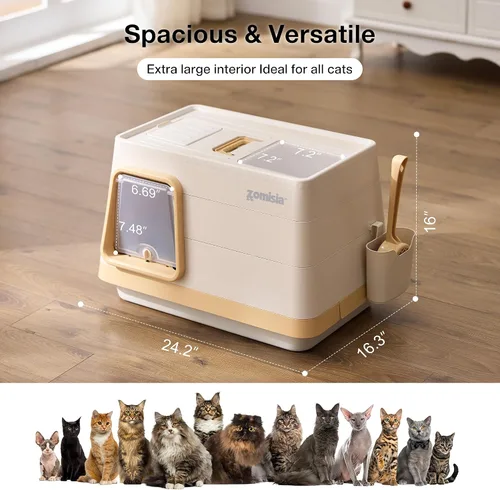 Vista 6 de ZOMISIA Caja de arena para gatos de acero inoxidable, caja de arena cubierta extra grande con tapa, cuchara, filtro de control de olores, cajas