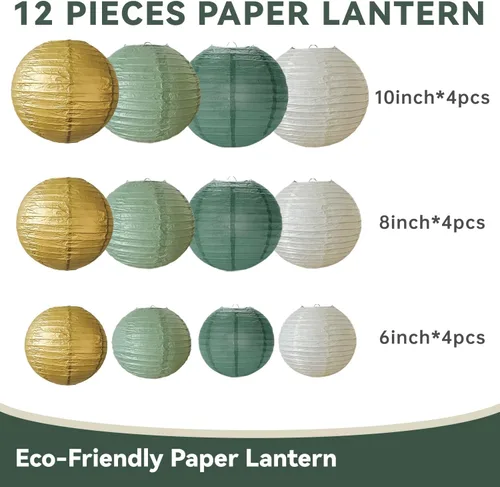 Vista 9 de 12 linternas de papel color verde salvia dorado verde oliva chino colgantes redondas linternas de papel para cumpleaños, boda, despedida de soltera