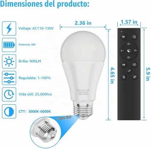 Vista 4 de Bombillas LED A19 con control remoto, 800LM 9W, bombillas LED equivalentes a 60 W, regulables continuas 3000K-6000K, base E26, CRI 80+, 2.4 GHz, más
