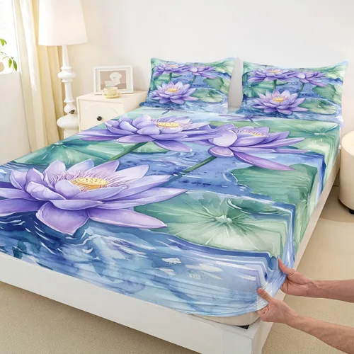 Vista 6 de Manfei Juego de sábanas de flor de loto morado, tamaño individual, juego de ropa de cama bohemio con libélula para niños, niñas y adultos, juego