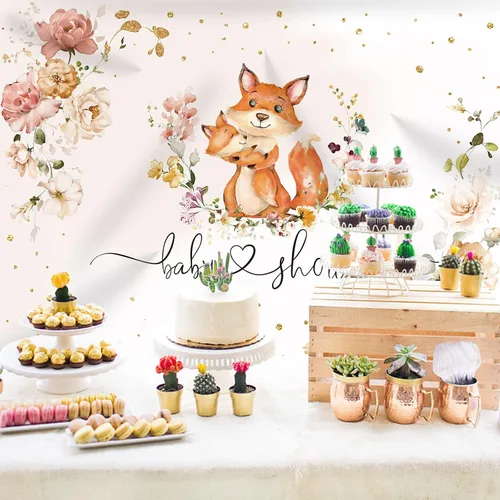 Vista 2 de Telón de fondo para baby shower de zorro para niñas, flores de fotografía con texto en inglés "It's a Girl", fondos de fotografía de animales
