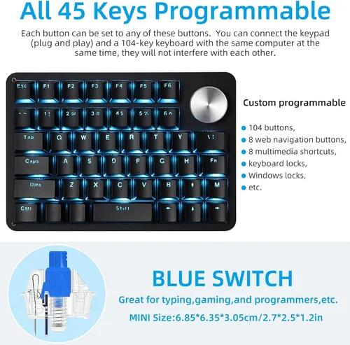 Vista 2 de Koolertron Teclado mecánico para juegos con una sola mano, teclado programable, perilla giratoria de 45 teclas retroiluminadas azulesinterruptores
