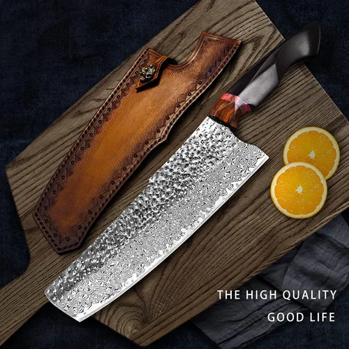 Vista 8 de Cuchillo de chef nakiri de 7.9 pulgadas, hoja de acero de damasco hecho a mano, mango de ébano, cuchillo de cocina de estilo japonés con funda