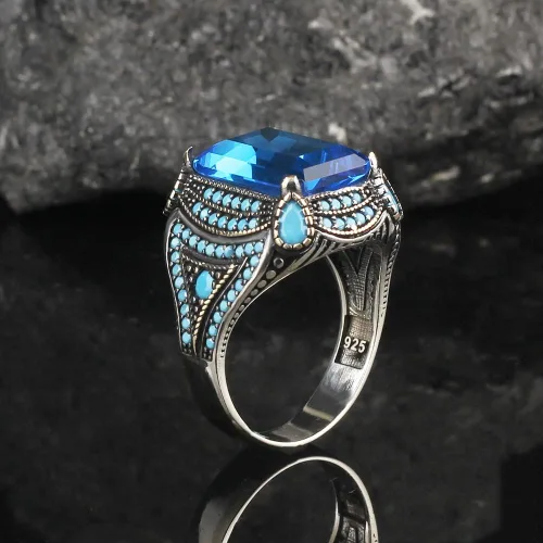 Vista 4 de 925 Sterling Silver Aquamarine Stone with Turquoise Stones Men Silver Ring, Handmade Blue Aquamarine Stone Men's Silver Ring, Vintage Men Ring