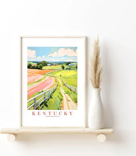 Vista 6 de ColorAndFlair Kentucky Travel Print Bluegrass State Souvenir KY Horses Nature Pink Green Wall Art Retro Poster Pintura de Paisaje (11 x 14 pulgadas)