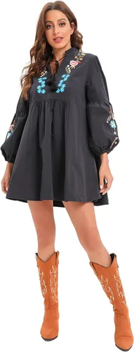 Vista 7 de Aox Women Retro Lanter Sleeve Floral Embroidered Boho A line Loose Short Shift Swing Dress