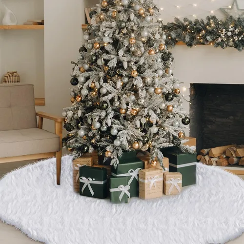 Vista 8 de Jenaai Falda de Árbol de Navidad Grande de 80 Pulgadas Falda de Árbol de Navidad Extra de Piel Sintética y Terciopelo Afelpado para Decoraciones