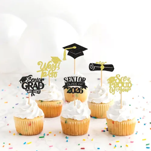 Vista 3 de Ercadio 36 piezas 2026 adornos para cupcakes con purpurina negra y dorada para graduación senior So Proud Of You Senior Class of 2026 Way to Go