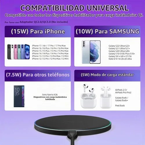 Vista 2 de Cargador inalámbrico compatible con iPhone 16 15 14 13 12 11 Pro Max/Mini/Plus/XR/X/8, alfombrilla de carga rápida inalámbrica de 15 W máx
