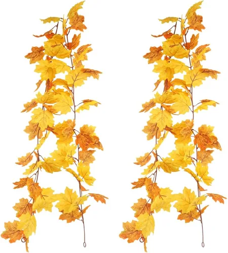 Vista 8 de homEdge Guirnalda artificial de hojas de arce, 2 paquetes de 5.8 pies de guirnalda de vid colgante de otoño para decoración de Acción de Gracias