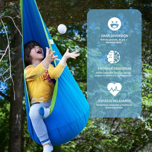 Vista 4 de Hamaca tipo cápsula OUTREE 100% de algodón para niños. Para uso interior y exterior, Azul