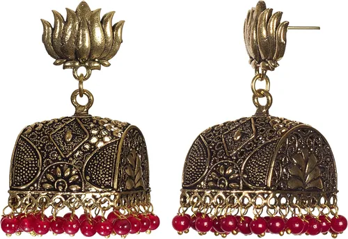 Vista 2 de DESI HAWKER Pendiente oxidado dorado Bali Jhumki Jhumka joyería Bollywood gota cuelga Pushback gran araña Lotus Doli NI-58