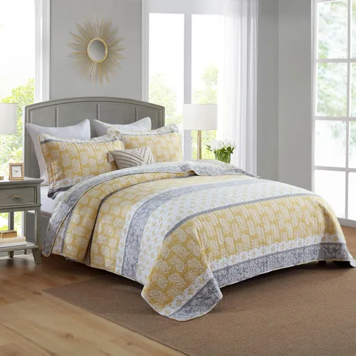 Vista 2 de Edredones Amarillos Tamaño Queen, Juego de Ropa de Cama de Algodón, Edredón Amarillo Gris Blanco, Ropa de Cama Rayada Tamaño Queen, Edredón de Lujo