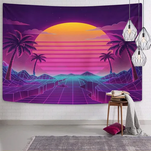 Vista 4 de TOMPOP Tapiz retro futurista de neón paisaje de los años 80 digital Cyber 80S Party Sci Decoración del hogar para colgar en la pared para sala