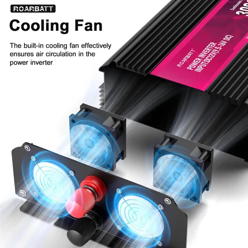 Vista 5 de Inversor de corriente de 3000 W, de 12 V de CC a 110 V/120 V de CA, potencia máxima de pico de 6000 W, con 2 tomas de CA y 2 puertos USB 2.4 Rosa