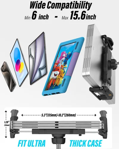 Vista 7 de Soporte de aluminio para tablet de automóvil, [altura ajustable de 16 pulgadas] [compatible con funda gruesa] Soporte resistente para tablet