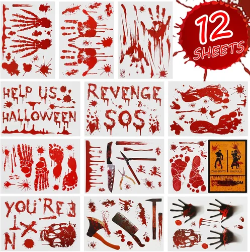 Vista 2 de 126 calcomanías de decoración de Halloween, 12 hojas de Halloween para ventana, pared, piso, huellas de manos sangrientas, calcomanías de huellas