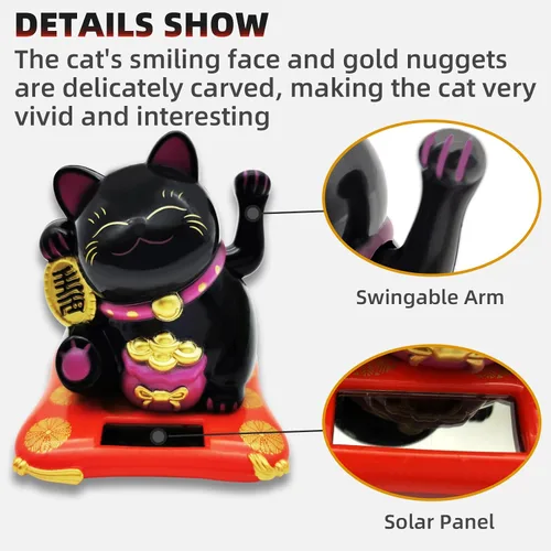Vista 4 de Gato de la Suerte Brazo Ondulado, Gato Chino Vivo y Encantador, Estatua de Gato de la Fortuna Solar para Decoración de Escritorio, Coche, Aperturas