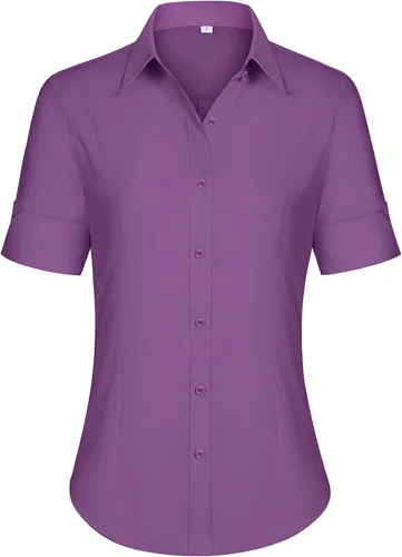 Vista 25 de siliteelon Camisas de vestir de manga corta con botones para mujer, camisas de algodón con botones para mujer, blusa ajustada de manga 3/4