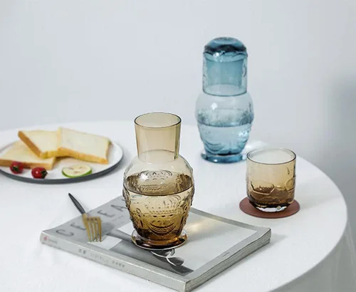 Vista 7 de Retro Crown Relief - Jarra de agua de noche de cristal transparente con vaso, jarra y taza de noche